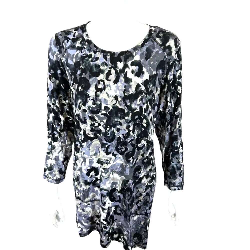 LOGO by Lori Goldstein Tunic Top XL Animal Print Rayon Angled Hem Black 3/4 Slv